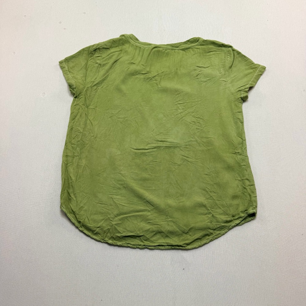 Cisono V-Neck Top Women Large Green Excellent Short Sleeve Woven Curved Hem